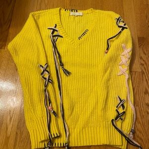 Yellow V-Neck Sweater with Ribbon Details